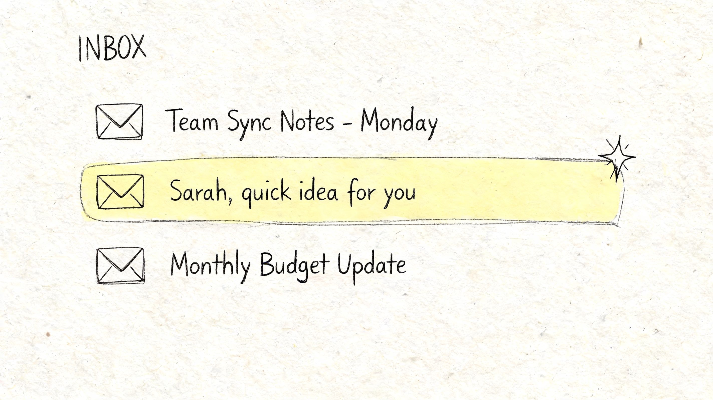 A hand-drawn illustration of an email inbox list with one message highlighted in yellow.