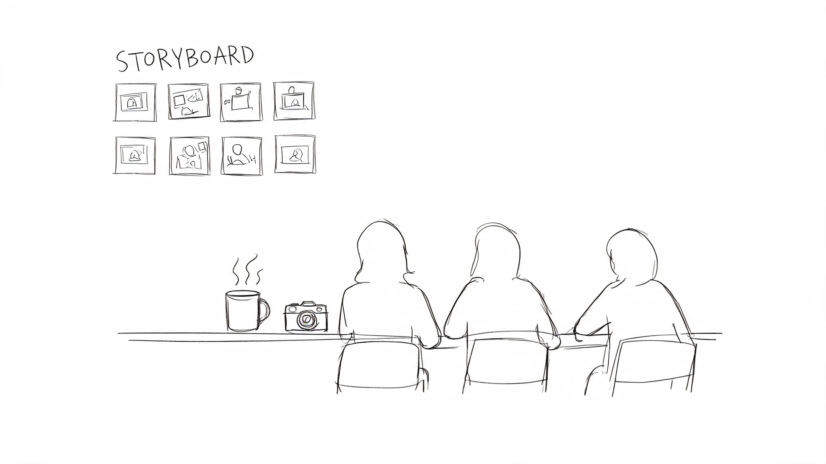 A hand-drawn sketch showing three people sitting at a desk looking at a storyboard on the wall.