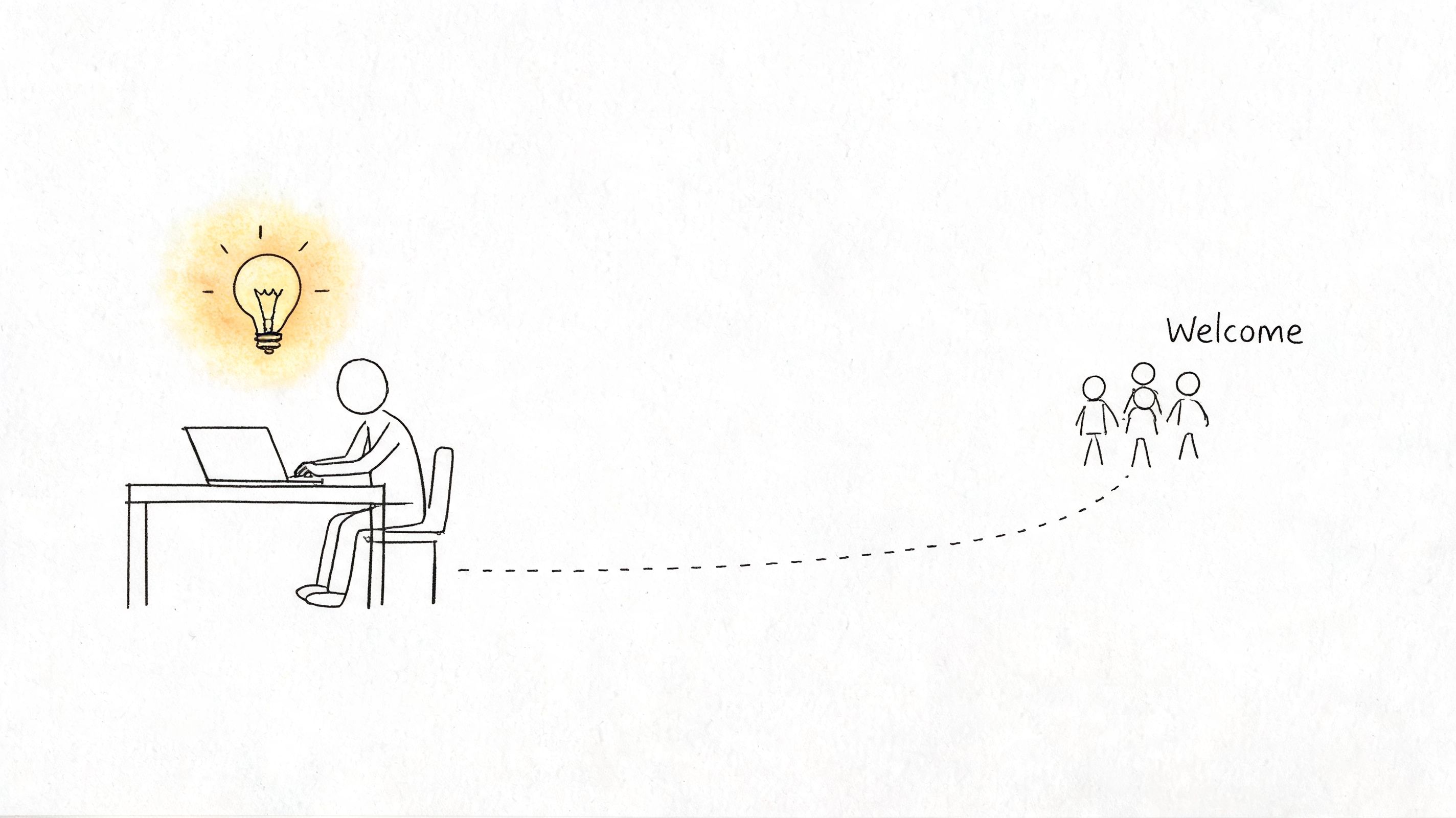A simple sketch of a person working on a laptop with an idea bulb reaching a welcoming group.