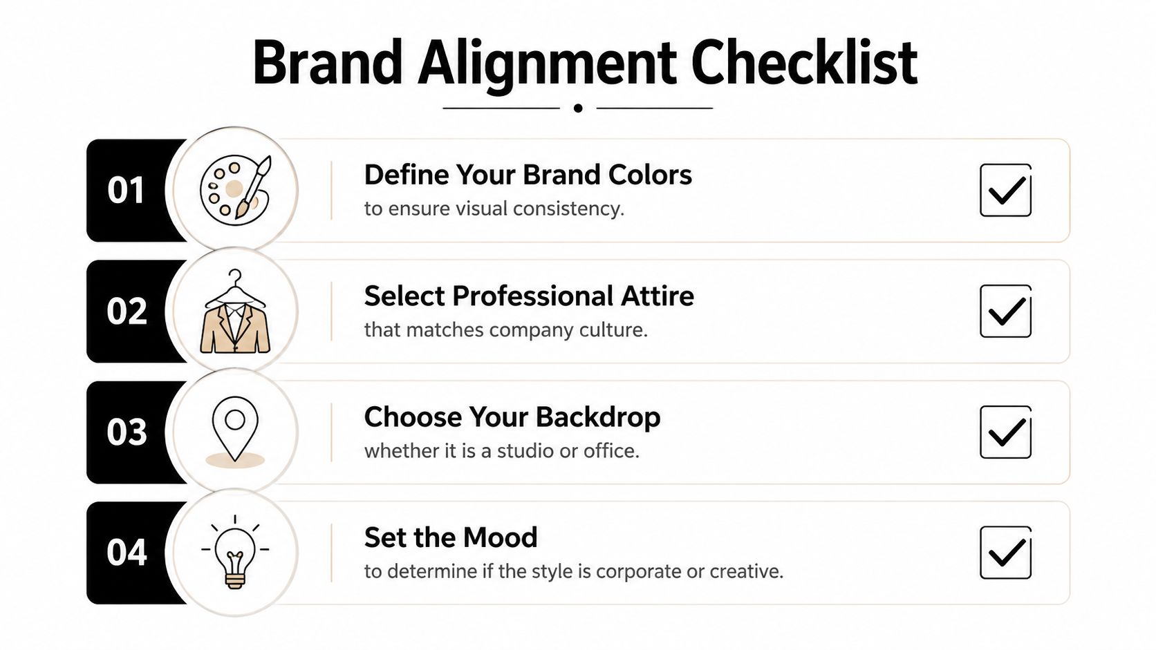 A checklist titled Brand Alignment Checklist with four steps for professional photo planning and visual branding.