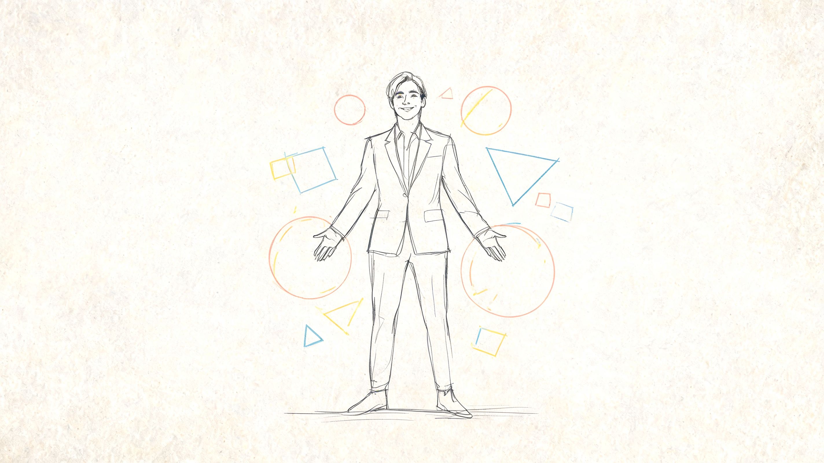 A minimalist sketch of a smiling professional man in a suit surrounded by geometric shapes