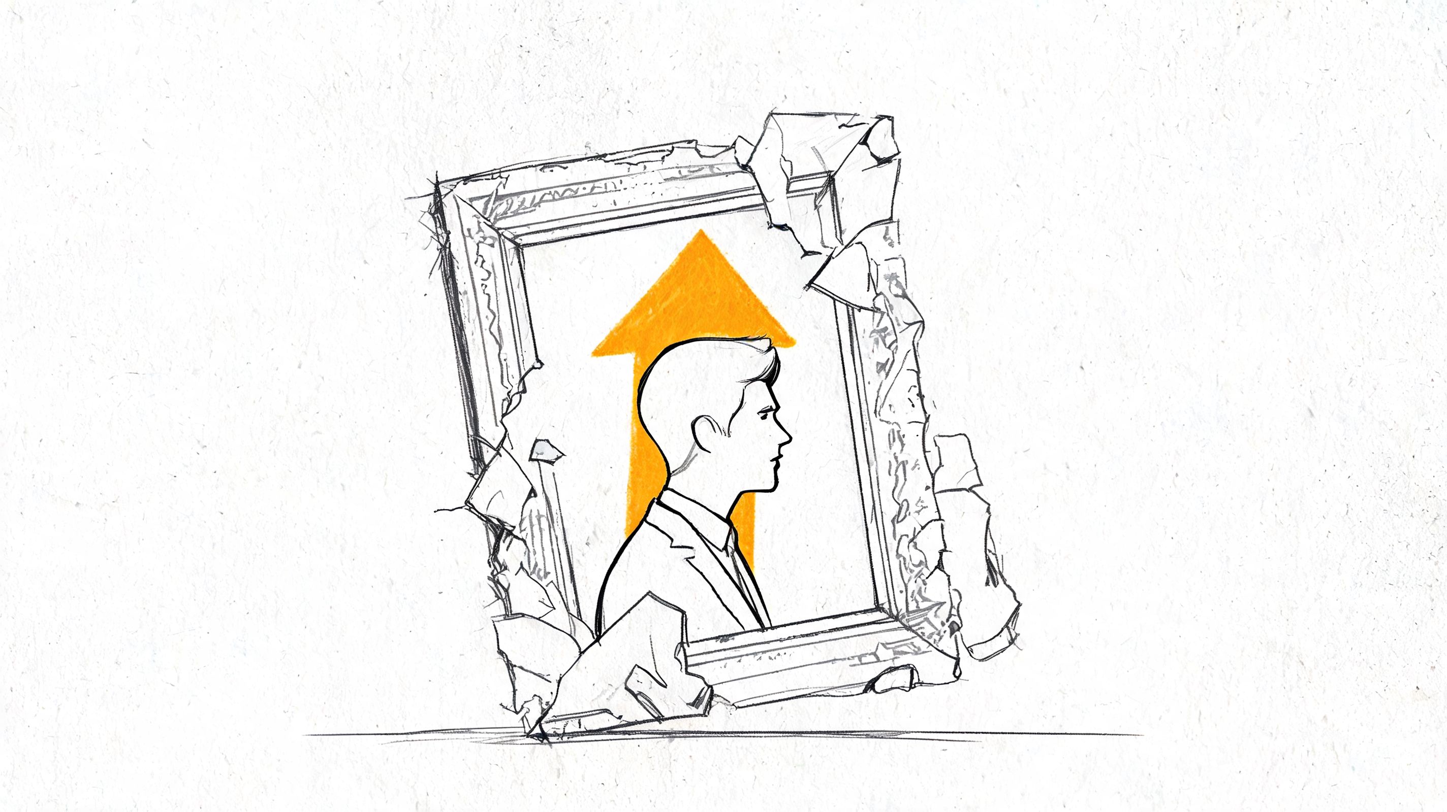 A pencil sketch of a businessman in a frame with an upward pointing orange arrow behind him.