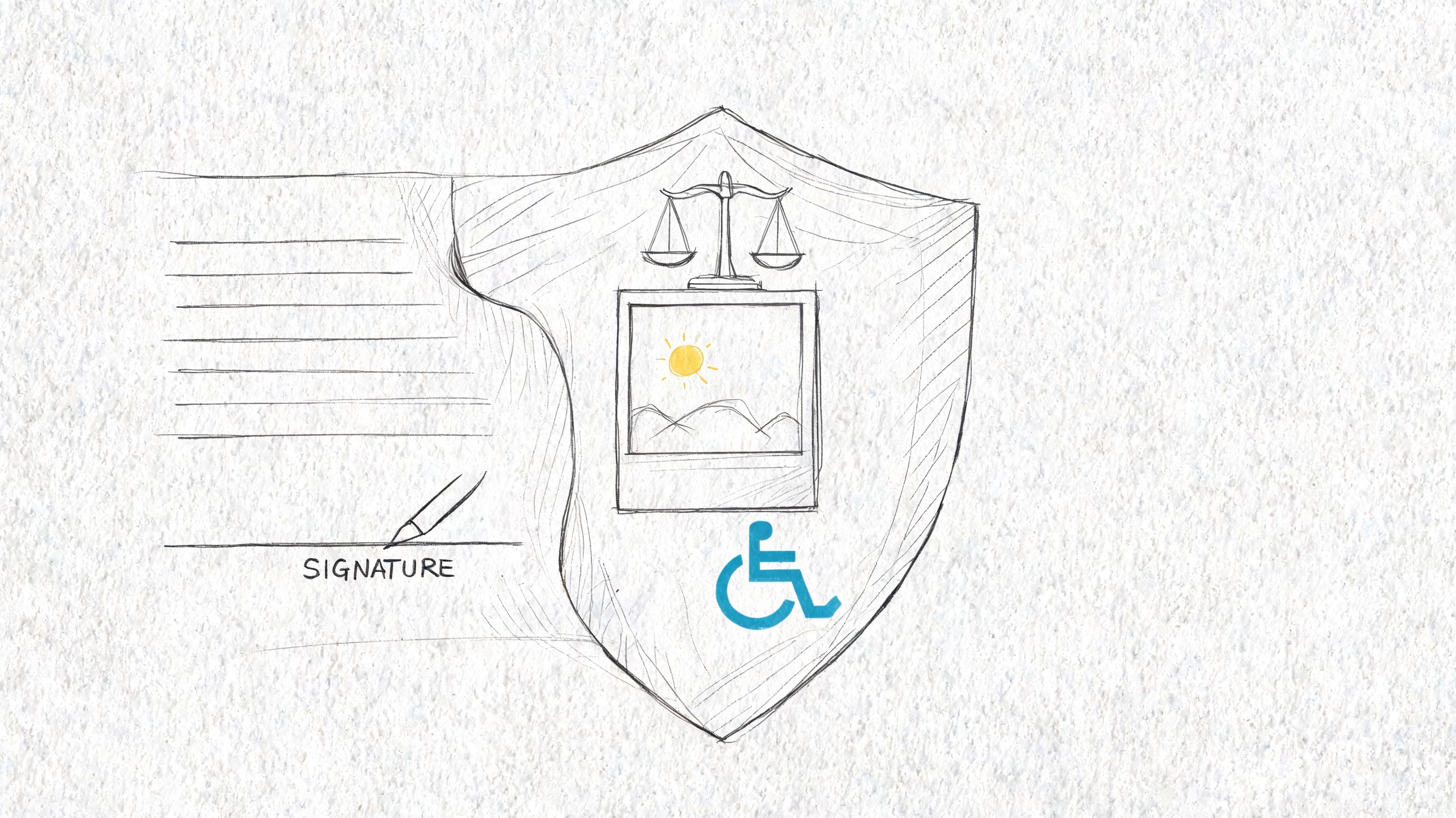 A pencil sketch of a shield containing a photograph icon, balance scales, and a disability access symbol.