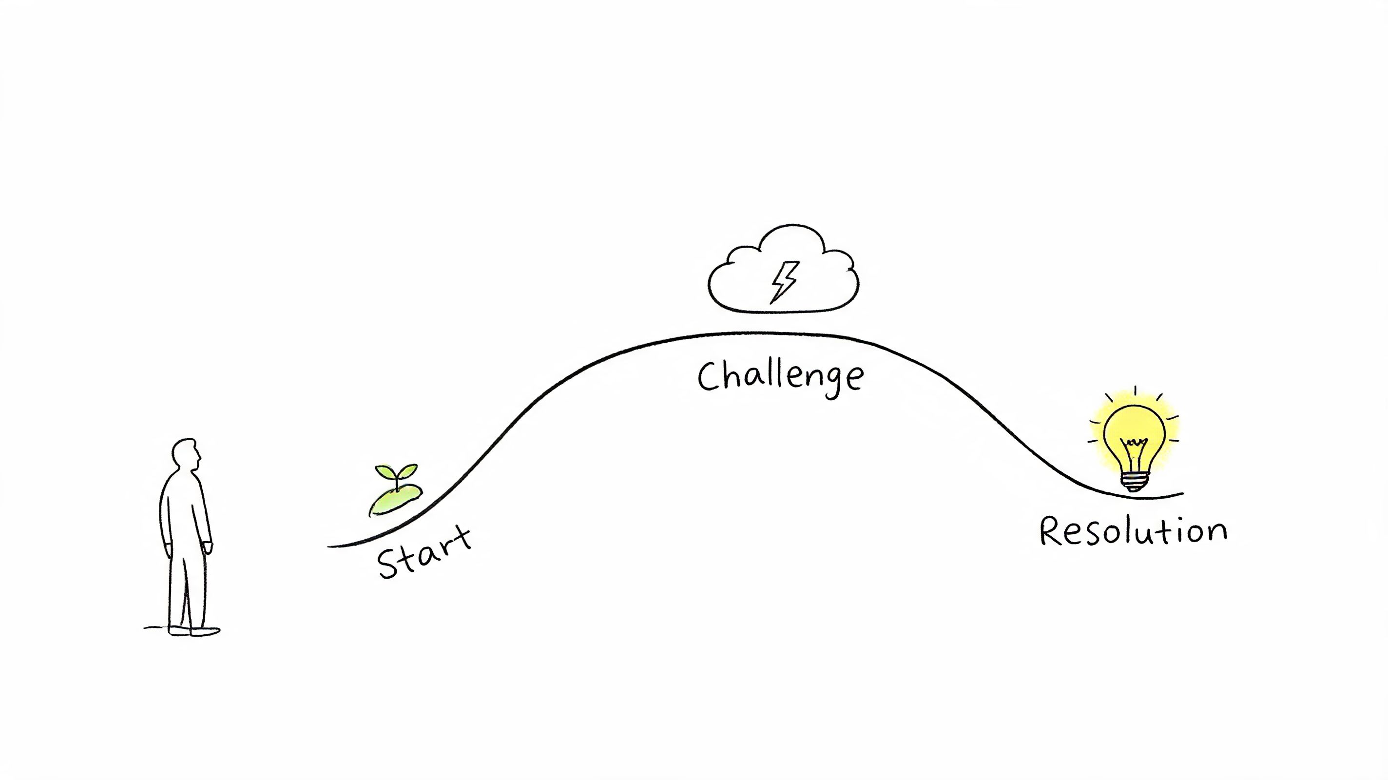 A simple sketch showing a path from a starting plant, over a stormy challenge, to a resolution lightbulb.
