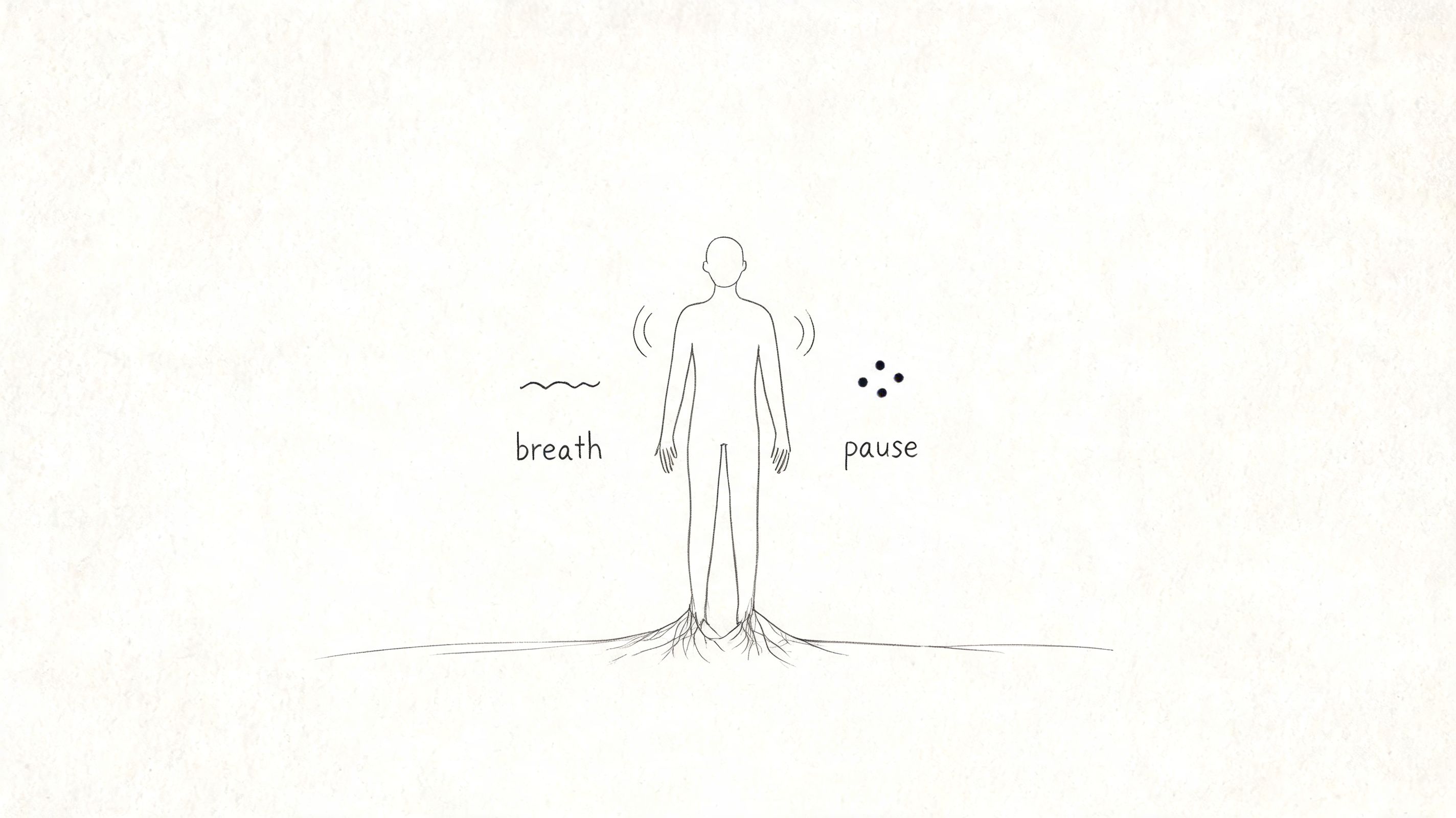 A simple line drawing of a person standing with roots at their feet, labeled with breath and pause.