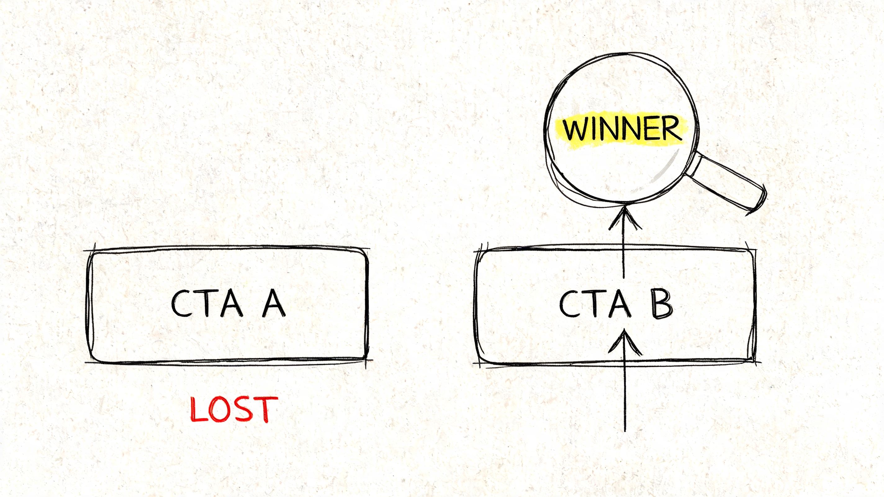 A hand-drawn illustration comparing CTA A labeled as lost and CTA B highlighted as the winner.