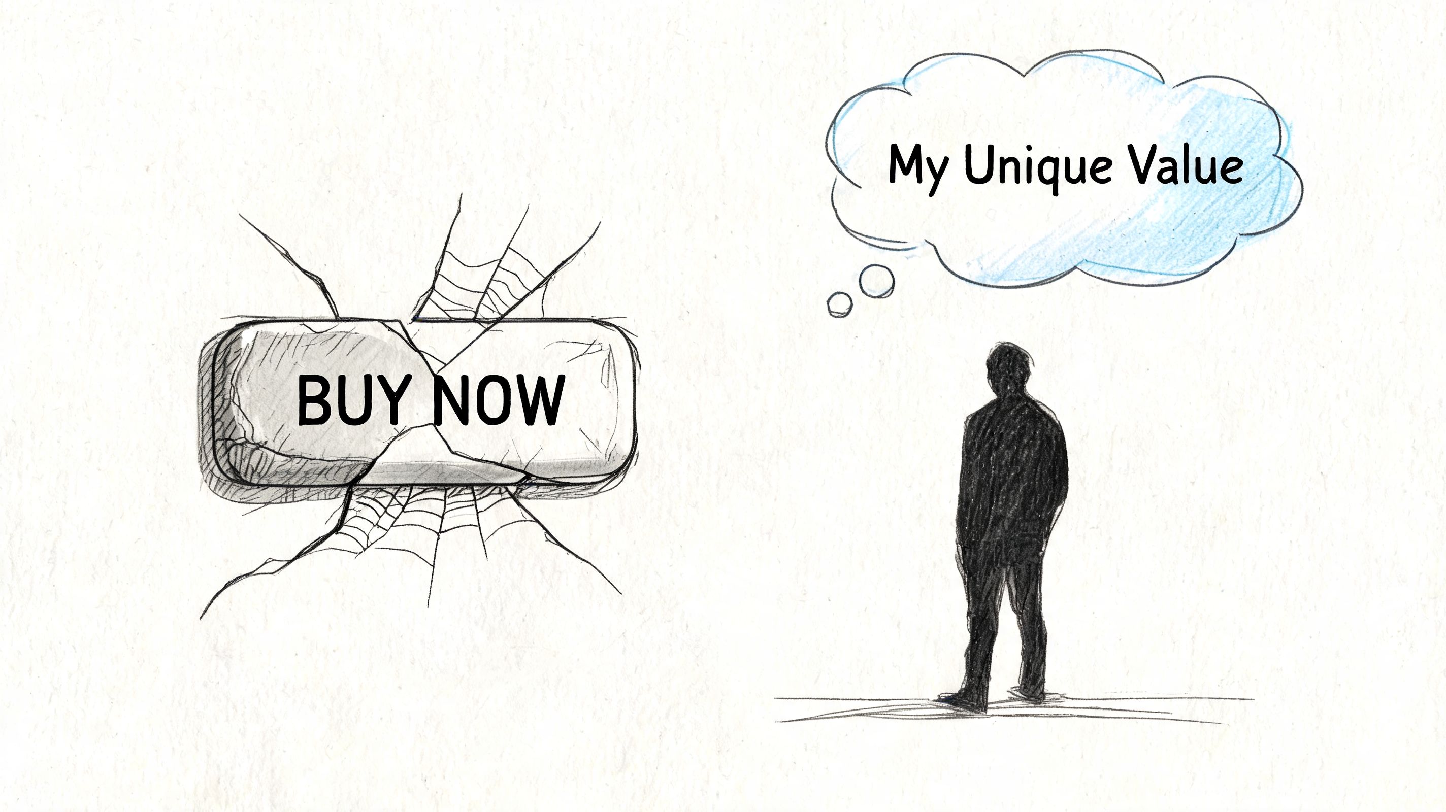 A conceptual illustration showing a cracked buy now button and a person thinking about unique value.