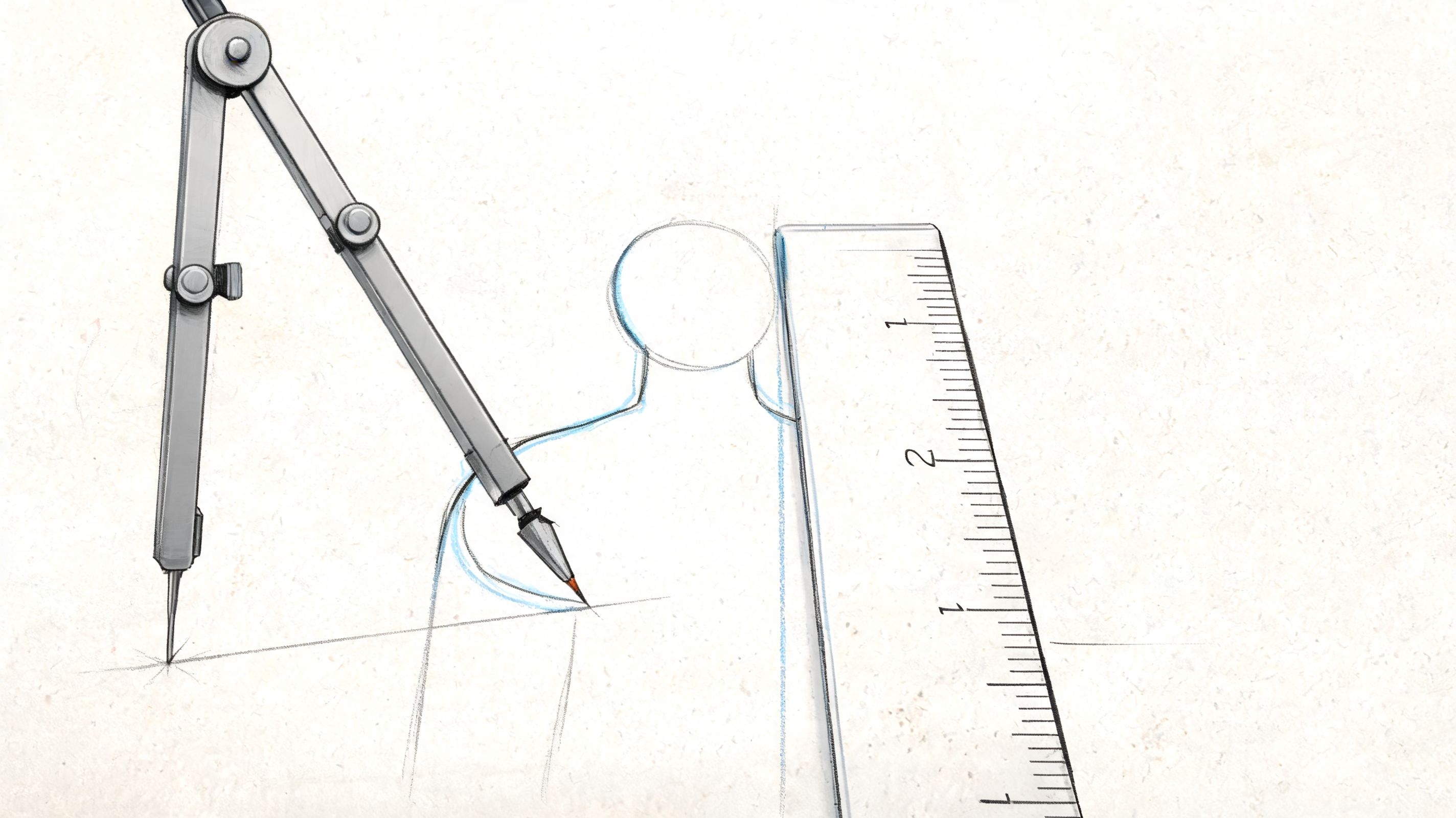 A compass and a ruler are used to draw a sketch of a human figure design.