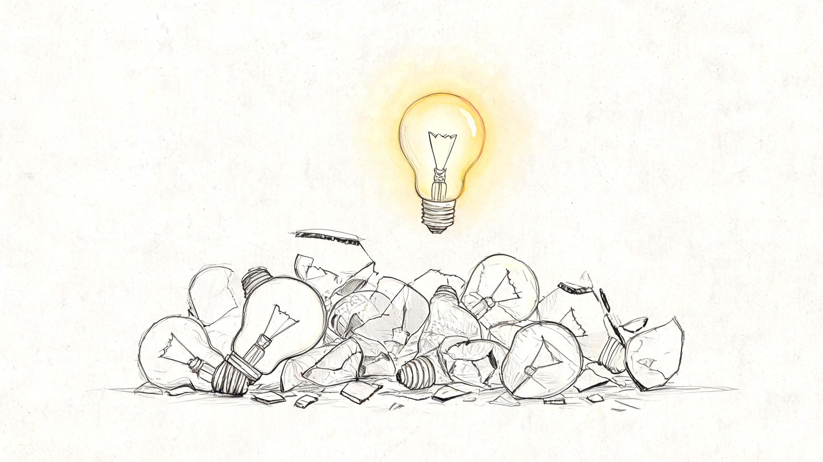 A glowing light bulb hovering above a pile of broken glass and shattered light bulb fragments.