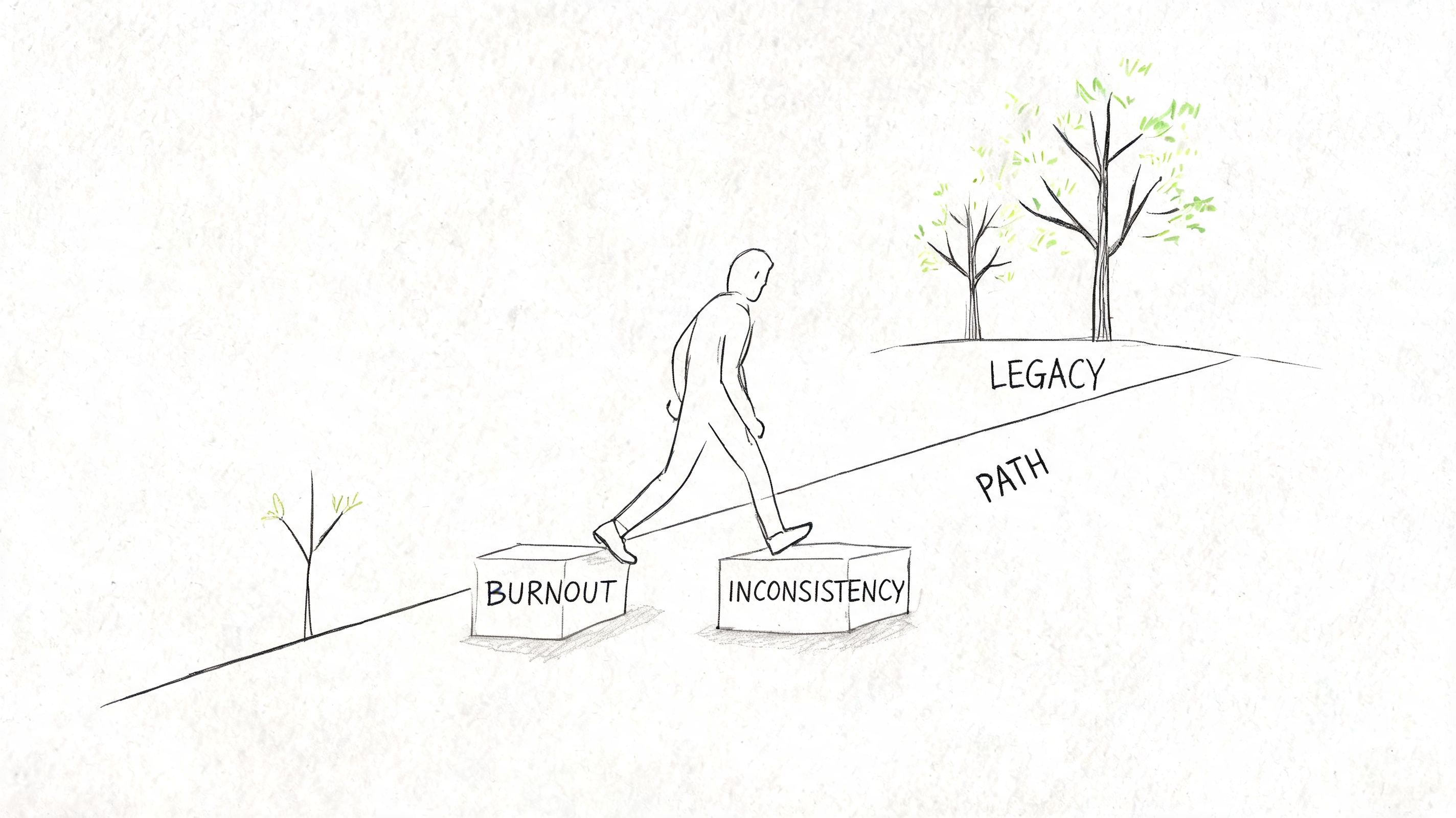 A line drawing of a person stepping across blocks labeled burnout and inconsistency toward a path leading to legacy.