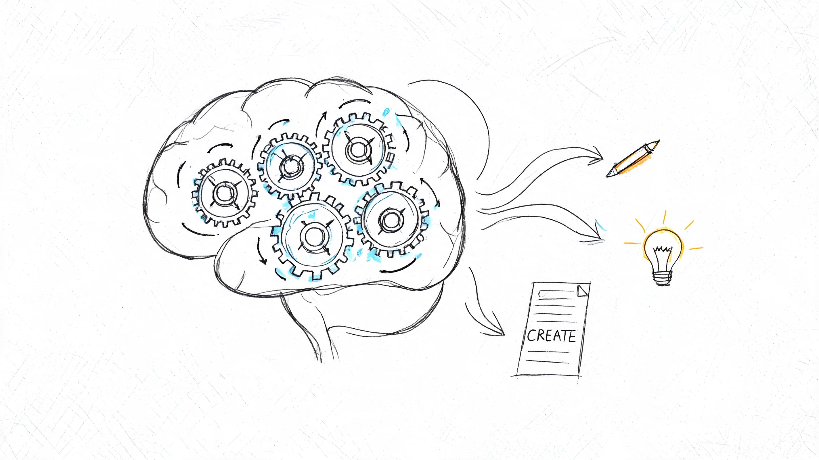 A hand-drawn sketch of a brain with interlocking gears connected to a pencil, lightbulb, and document.