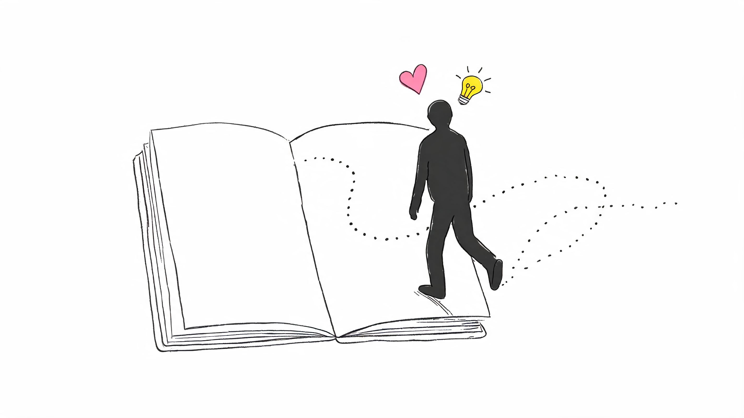 A minimalist drawing of a person walking out of an open book with a heart and lightbulb icon.