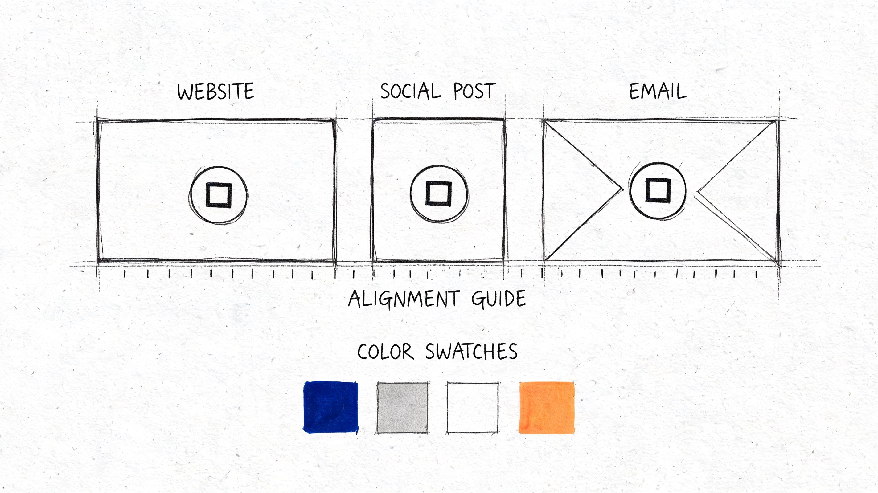 A hand-drawn design template showing branding guidelines for website, social post, and email with color swatches.