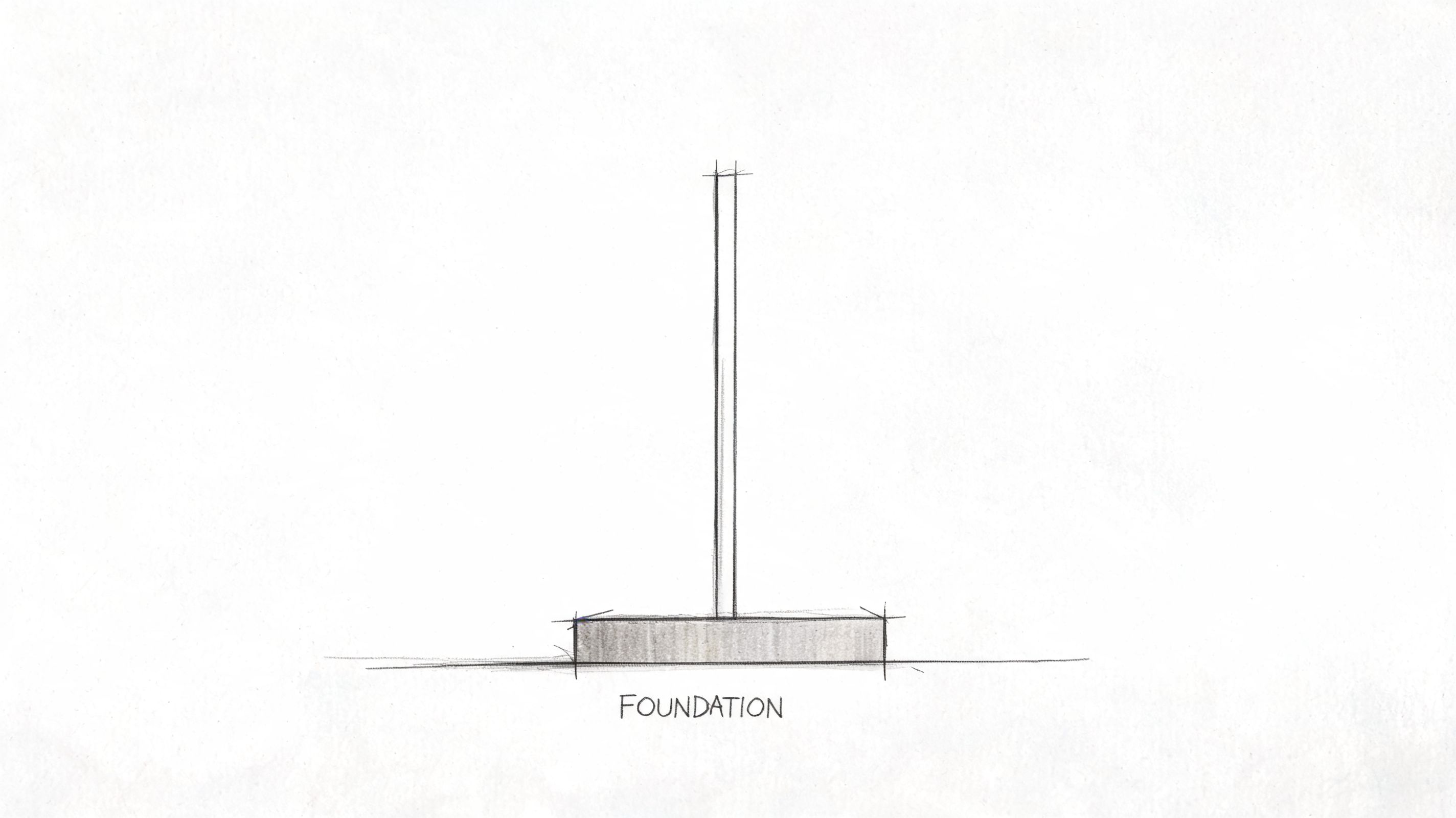 A minimalist pencil sketch illustration of a vertical post centered on a solid rectangular foundation base.
