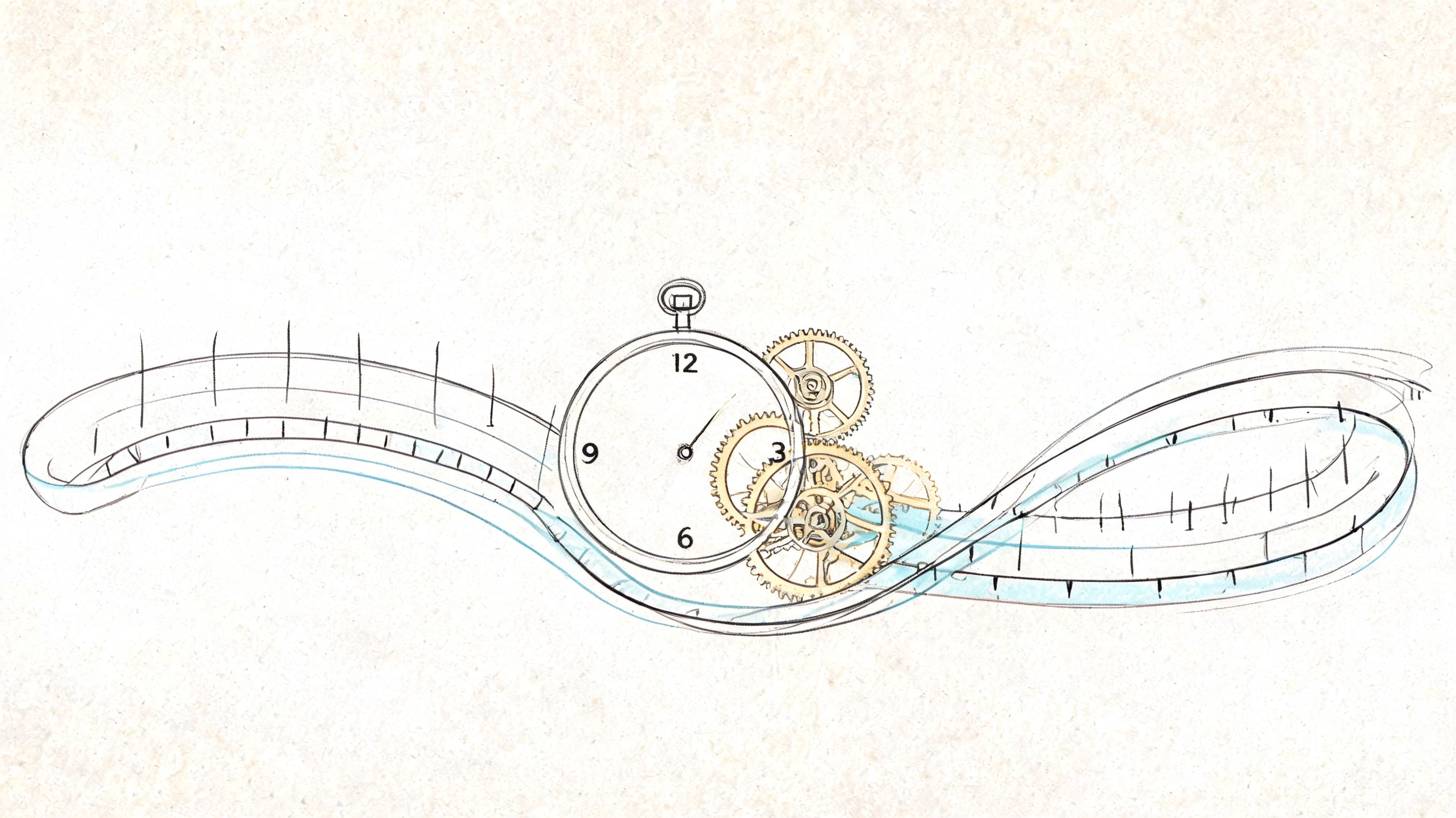 A conceptual line drawing of a clock with gears flowing into a roller coaster track design.