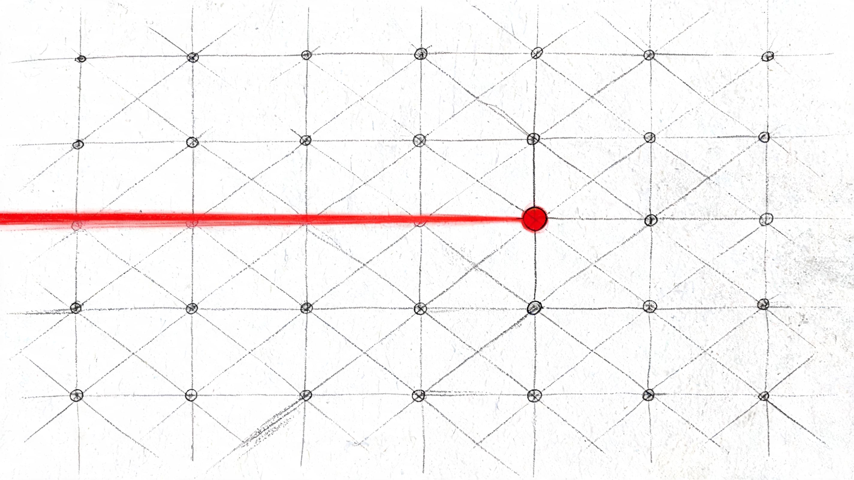 A hand-drawn grid of circles connected by lines with a single red circle as the focal point.