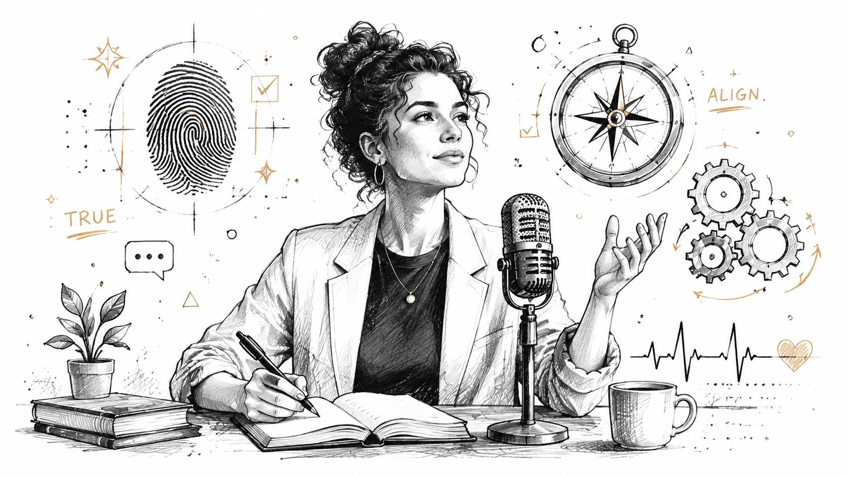 A woman sketching in a notebook, speaking into a microphone with icons of a compass, gears, and fingerprint.