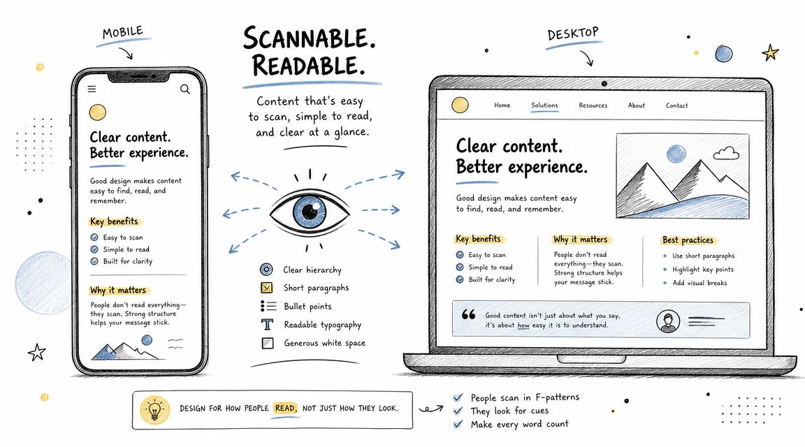 An illustrated guide comparing mobile and desktop website layouts for better content readability and scannable design.