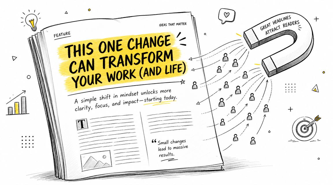 A hand-drawn illustration showing a magazine with a magnetic headline attracting readers toward the page.