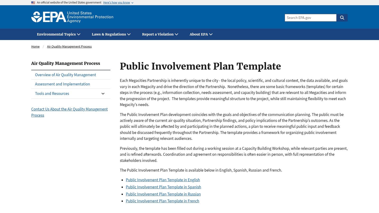 US EPA, Public Involvement Plan Template (Air Quality Management Process)