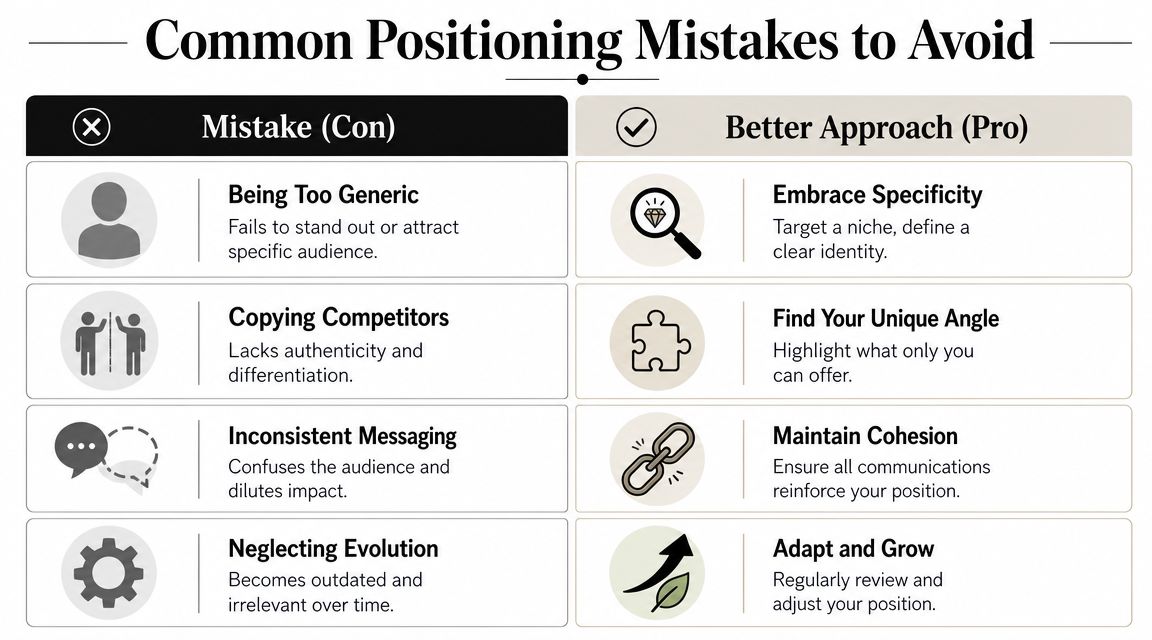 A table comparing common marketing positioning mistakes with better approaches for brand strategy and growth.