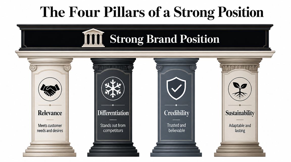 An infographic representing the four pillars of a strong brand position: relevance, differentiation, credibility, and sustainability.