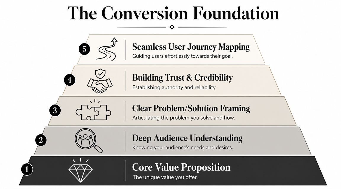 A five-level pyramid graphic titled The Conversion Foundation illustrating key steps for successful business marketing strategies.