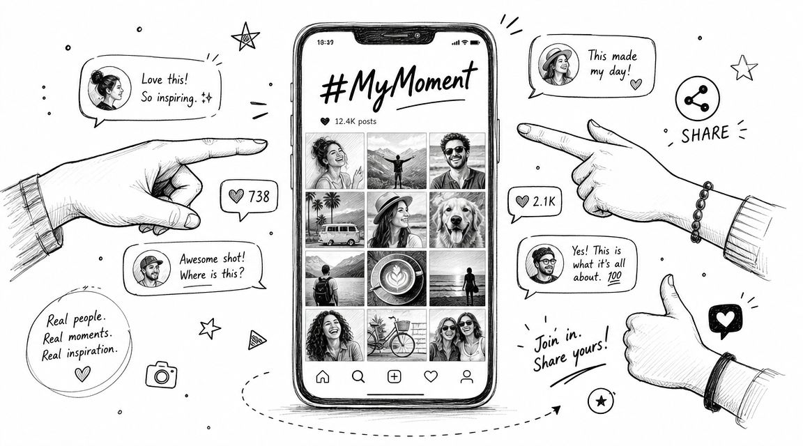 A sketched illustration of a smartphone screen showing a social media feed with user engagement icons.