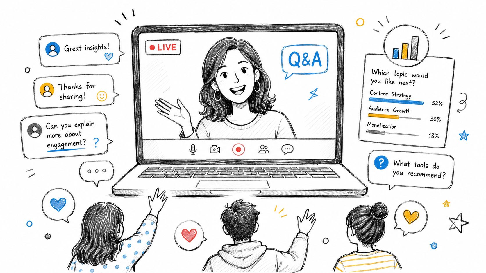 A hand-drawn illustration of a woman hosting a live online video stream with audience interaction elements.