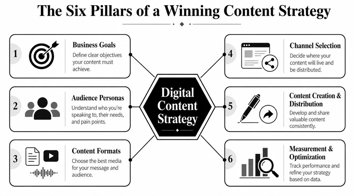 A diagram illustrating the six core pillars for developing an effective and winning digital content strategy.