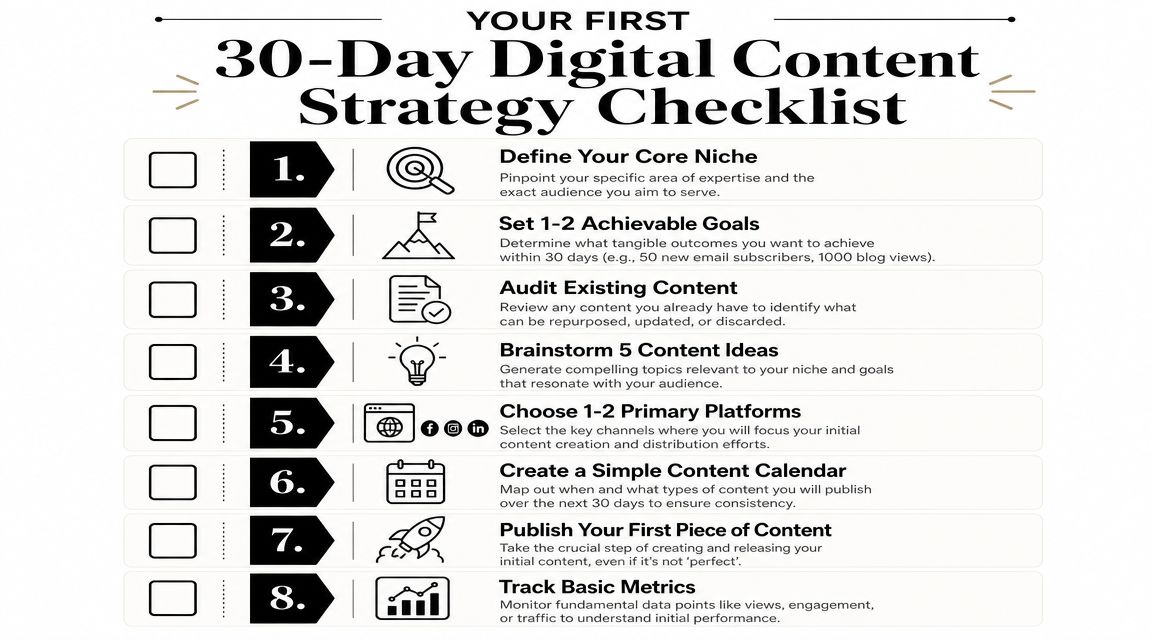 A checklist graphic titled Your First 30-Day Digital Content Strategy outlining eight essential steps for beginners.
