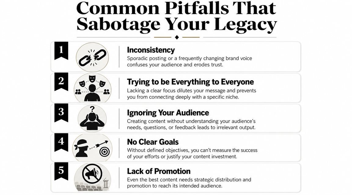 A list of five common pitfalls in digital content strategy that can damage a brand legacy.