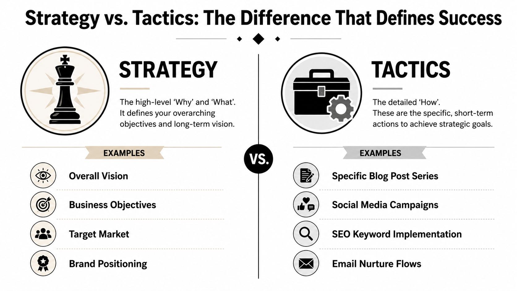 A comparison infographic showing how strategy defines long-term vision while tactics represent short-term actionable steps.