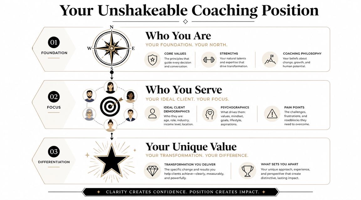 A strategic infographic outlining the three pillars of a professional coaching business: Foundation, Focus, and Differentiation.