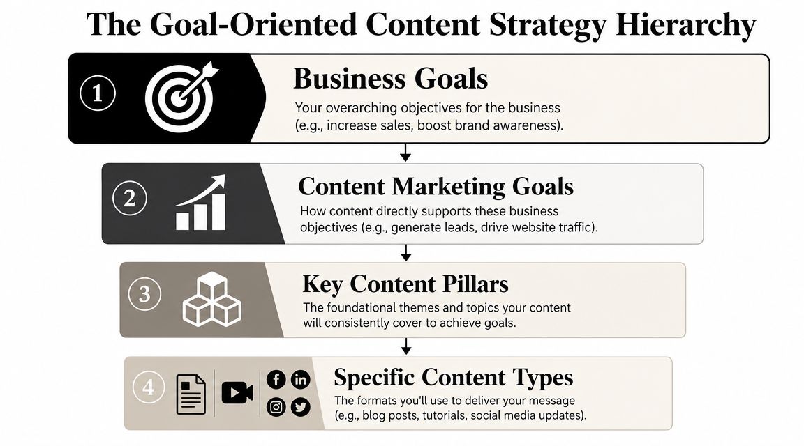 A hierarchy chart illustrating four steps to build a goal-oriented content strategy for business success.