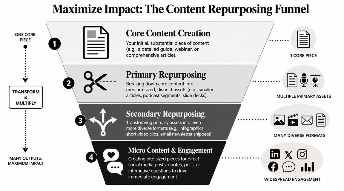 A funnel diagram explaining the four stages of a content repurposing strategy for maximizing online engagement.