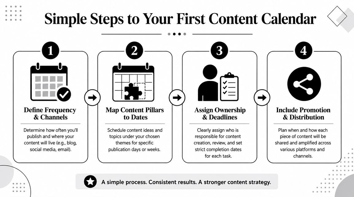 A four-step infographic illustrating the process for creating a professional content calendar for marketing strategies.