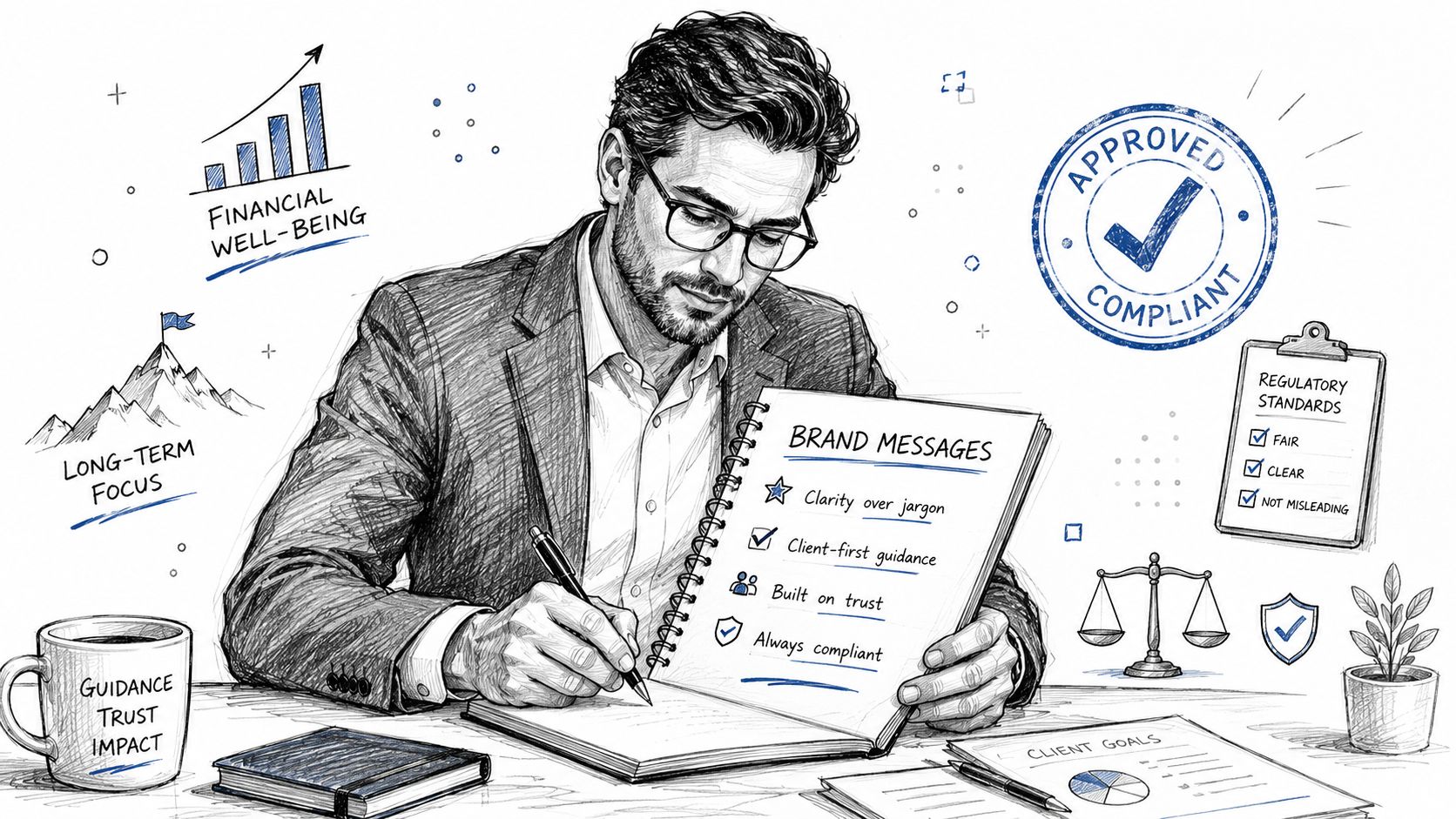 A professional financial advisor writing in a notebook, emphasizing clear brand messaging, trust, and regulatory compliance.