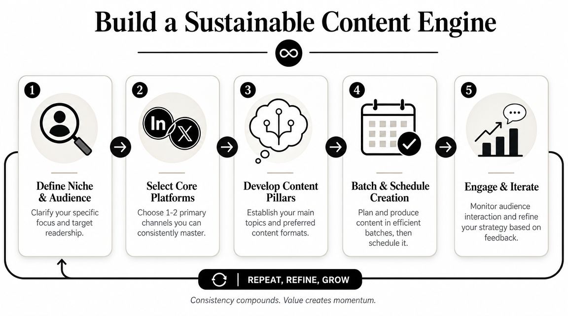 A five-step infographic showing how to build a sustainable content engine for personal brand development.