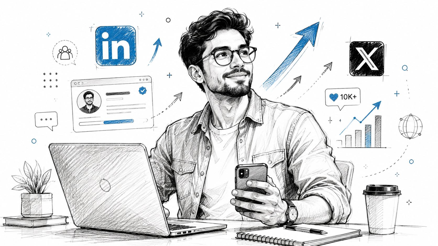 A professional man with glasses sitting at his desk, managing personal branding on social media platforms.
