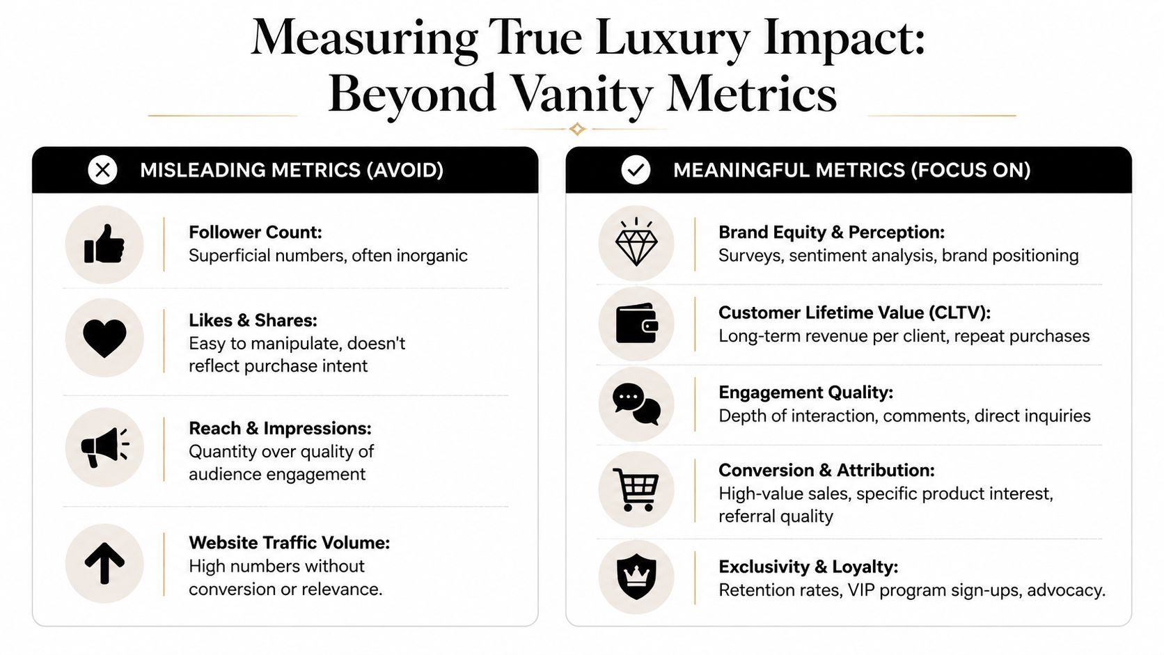 An infographic titled Measuring True Luxury Impact comparing misleading vanity metrics against meaningful metrics for luxury brands.