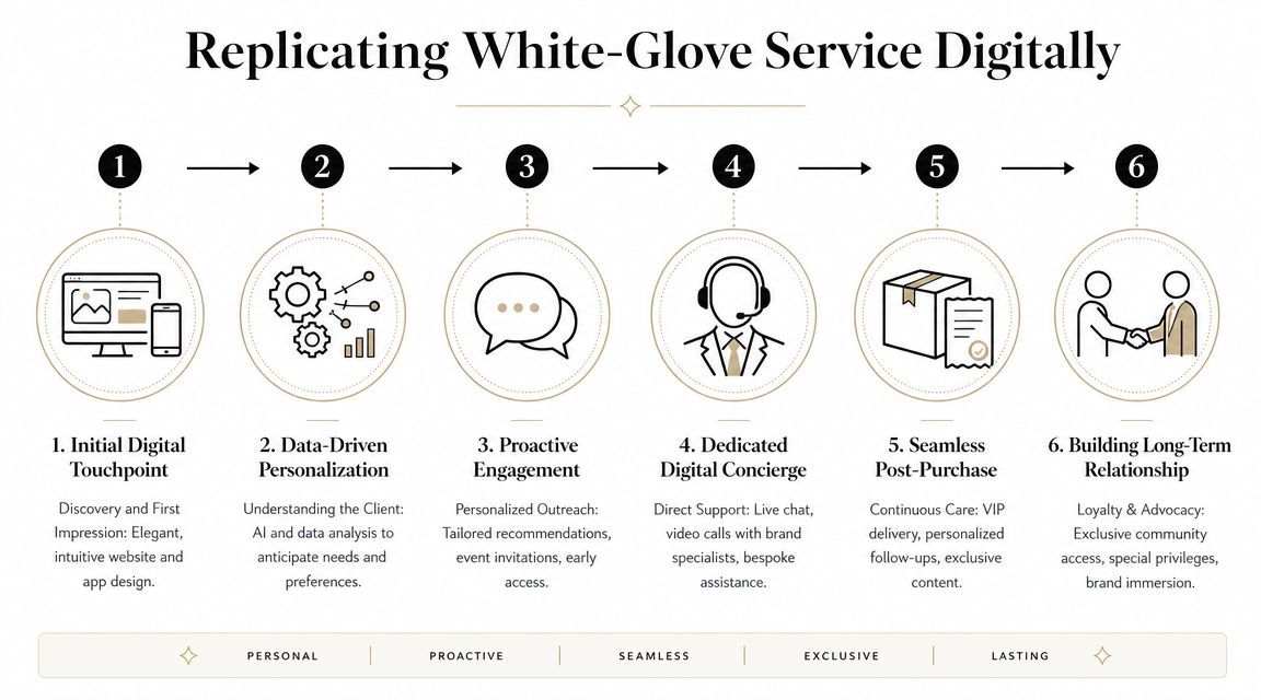 A six-step infographic illustrating the strategy for replicating luxury white-glove customer service in digital business channels.