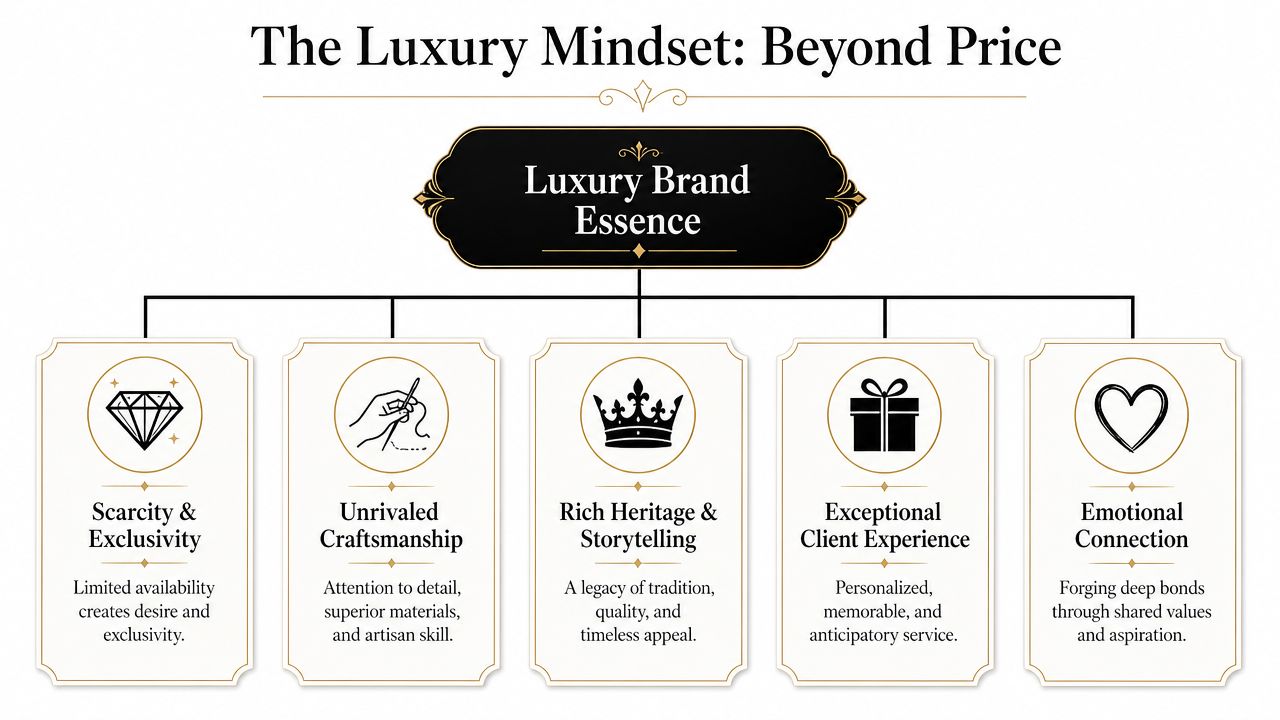 A diagram illustrating the five key elements of the luxury brand essence and mindset beyond price.