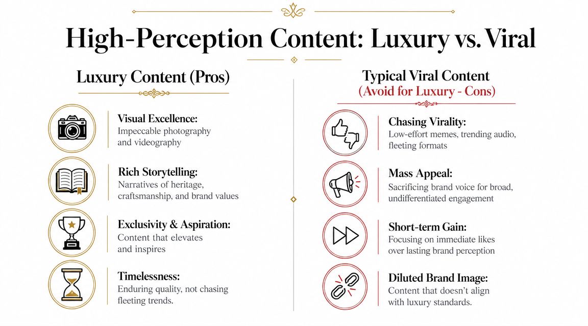 A comparison chart showing the differences between high-quality luxury branding content and common viral marketing strategies.
