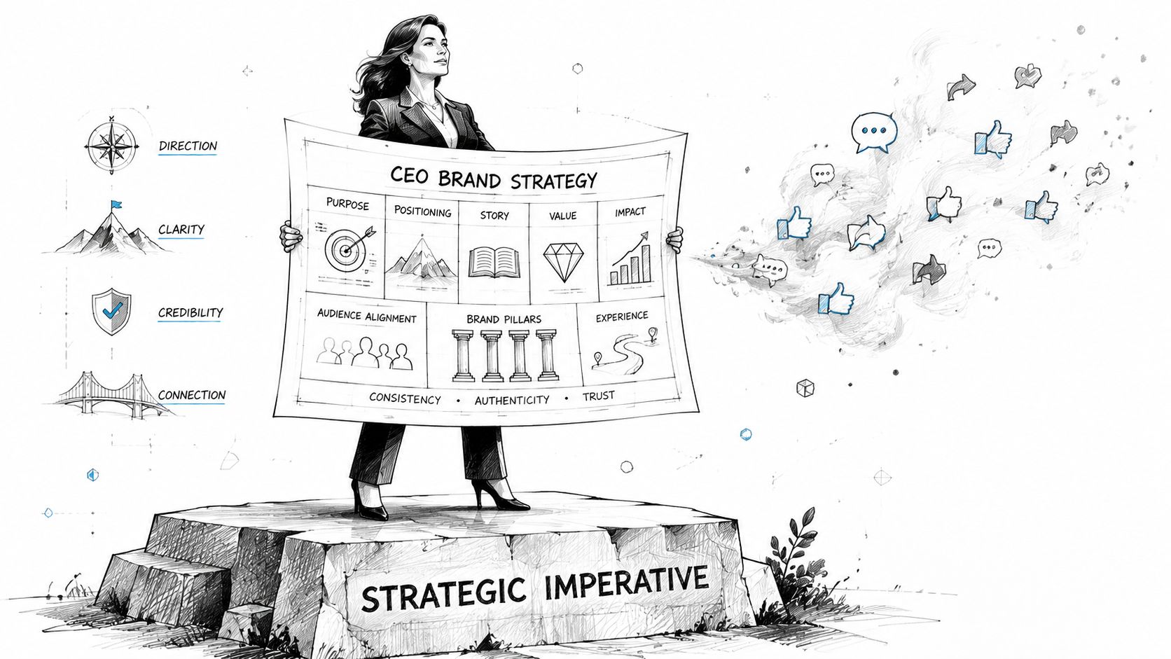 A professional woman standing on a stone pedestal presenting a comprehensive CEO brand strategy infographic chart.