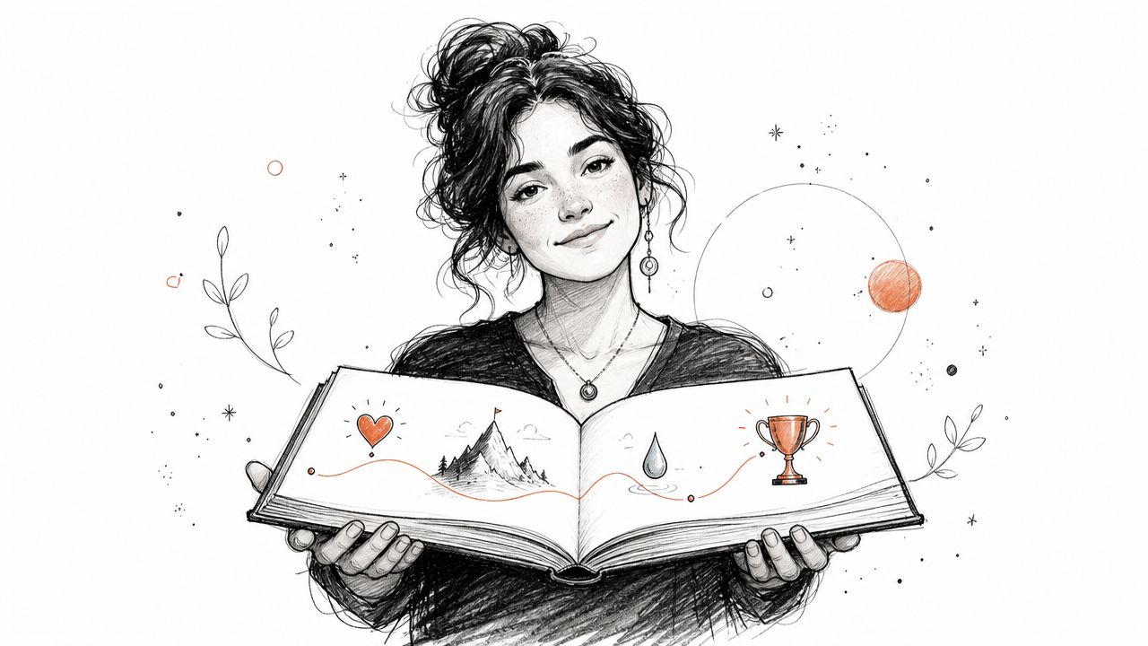 A woman holding an open book illustrating a journey from heart to mountain to trophy achievement.
