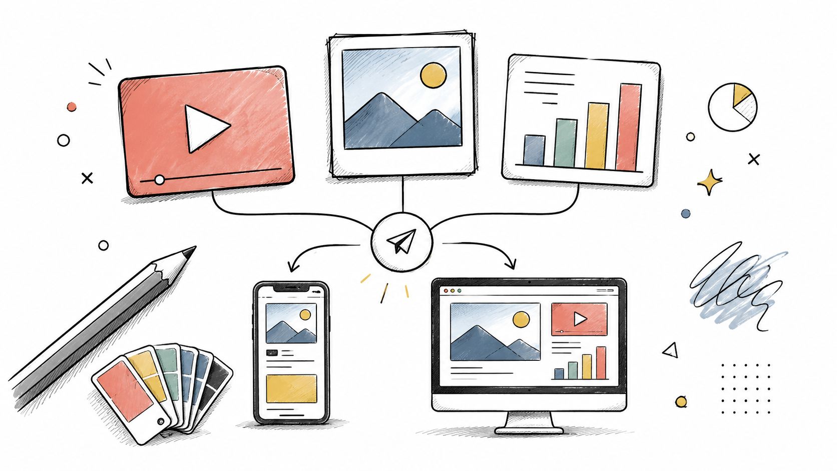 A hand-drawn illustration showing content creation tools like video, photos, and charts connecting to devices and branding materials.