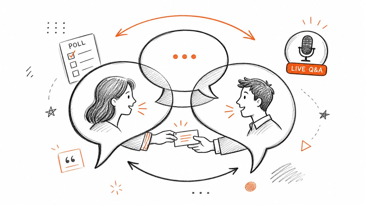 A hand-drawn illustration showing two people exchanging a business card within speech bubbles, highlighting audience engagement concepts.