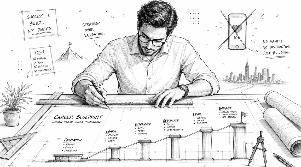 A pencil sketch of a professional man drawing a detailed career blueprint on a large desk.