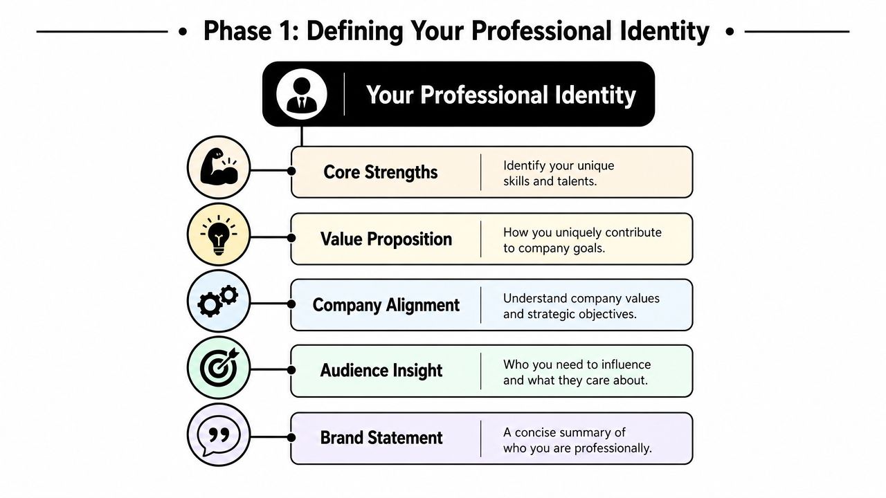 A diagram outlining the five key components for defining your professional identity in the workplace.